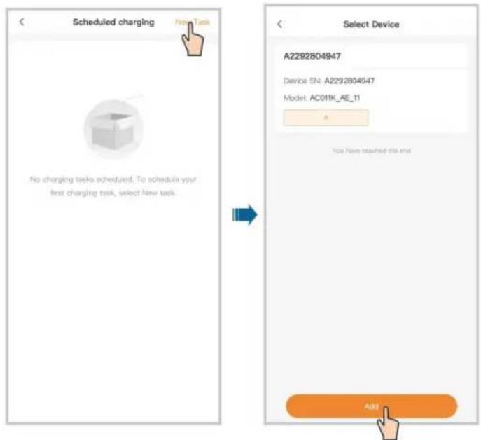 Scheduled charging New Task No charging tasks scheduled. To schedule your first charging task, select New task. Select Device A2292804947 Device SN: A2292804947 Model: AC011K_AE_11 A You have issued the end Add