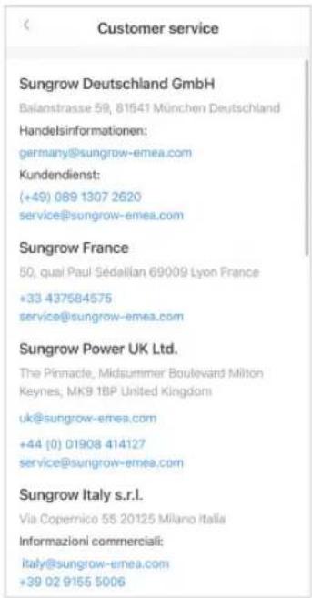 Customer service Sungrow Deutschland GmbH Balanstrasse 59, 81641 München Deutschland Handelsinformationen: germany@sungrow-emea.com Kundendienst: (+49) 069 1307 2620 service@sungrow-emea.com Sungrow France 50, quai Paul Sédalilan 69009 Lyon France +33 437584575 service@sungrow-emea.com Sungrow Power UK Ltd. The Pinnacle, Midsummer Boulevard Milton Keynes, MK9 1BP United Kingdom uk@sungrow-emea.com +44 (0) 01908 414127 service@sungrow-emea.com Sungrow Italy s.r.l. Via Copernico 55 20125 Milano Italia Informazioni commerciali: italy@sungrow-emea.com +39 02 9155 5006
