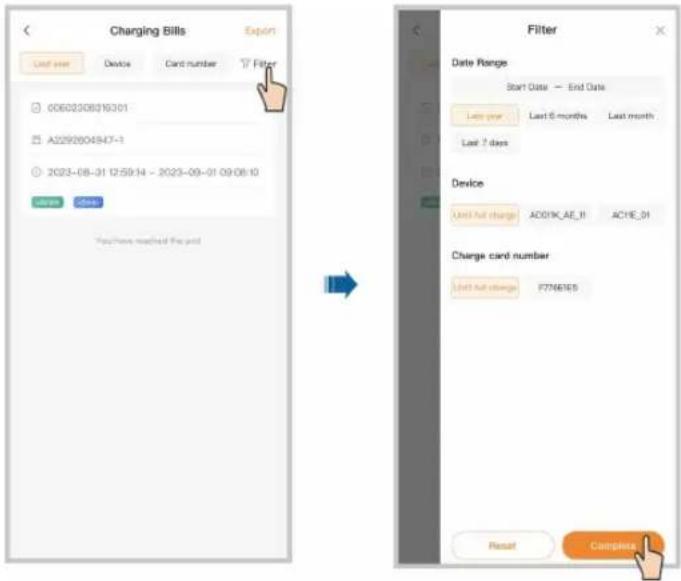 Charging Bills Export Last year Device Card number T Filter 00602306316301 A2292804547-1 2023-08-31 12:59:14 - 2023-09-01 09:06:10 Close Close You have reached the next Filter Date Range Start Date End Date Last year Last 6 months Last month Last 7 days Device Unit Full charge A001K_AE_1B ACHE_01 Charge card number Unit Full charge F7766165 Result Complete
