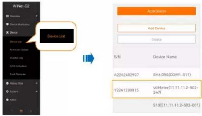 WiNet-S2 Device List Add Device Delete S/N Device Name A2242402907 SH6.0RS(COM1-011) Y2241200015 WIMeter(11.11.11.2-502- 247) S100(11.11.11.2-502-001)
