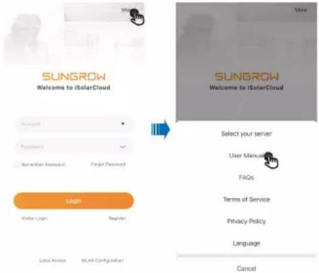 SUNGROW Welcome to iSolarCloud Login User Login Password Remember Password Forgot Password Local Access MLAN Configustant More SUNGROW Welcome to iSolarCloud Select your server User Manual FAQs Terms of Service Privacy Policy Language Cancel