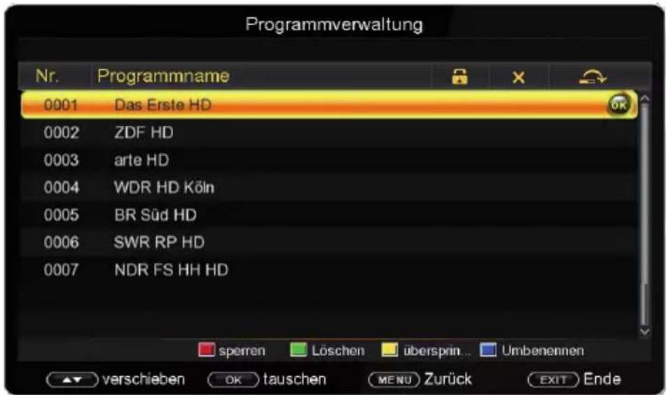 Programmverwaltung Nr. Programmname 0001 Das Erste HD 0002 ZDF HD 0003 arte HD 0004 WDR HD Köln 0005 BR Süd HD 0006 SWR RP HD 0007 NDR FS HH HD sperren Löschen übersprin... Umbenennen verschieben OK tauschen MENU Zurück EXIT Ende