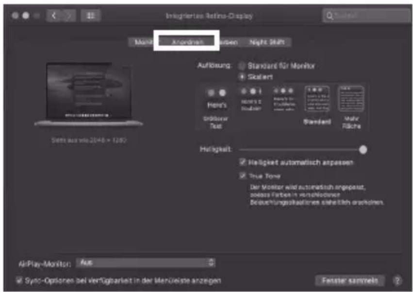 Integrisfer Retina-Display Macau: Anordnen, Arben, Night Shift Aufbauung: Standard für Monitor Skaufert Here's Standard & Standard Ordnover Text Standard Mehr Flüche Helligkeit: Helligkeit automatisch angepassen True Tone Der Monitor wird automatisch angepasst, soles Farben in verschlusiveer Beuchungspositionen sieheft sich erachnen. AirPlay-Monitor: Aus Sync-Optionen bei verfügbarst in der Menüleiste anzeigen Fettier sammeln