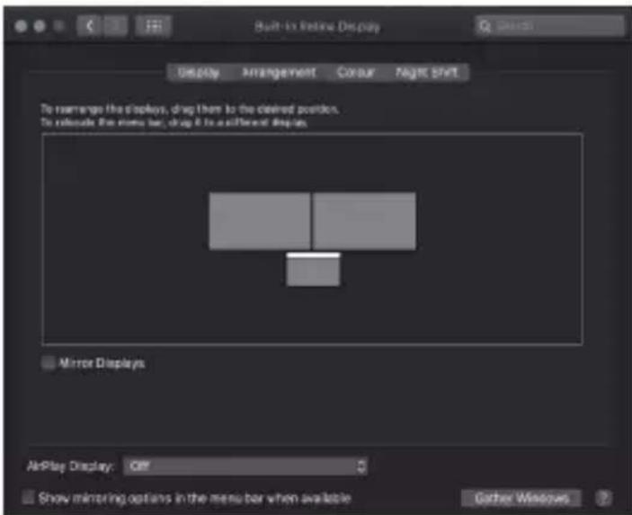 Built-in Retina Display Display Arrangement Colour PeR Shift To rearrange the displays, drag them to the desired position. To release the menu bar, drag it to a different display. Mirror Displays AirPlay Display: Off Show mirroring options in the menu bar when available Goheri Wiesgos