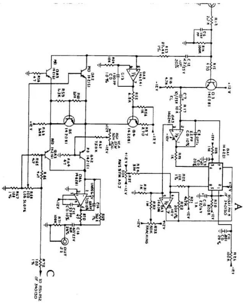 Electrical circuit diagram with labeled components, resistors, capacitors, and transistors for signal processing or control design.
