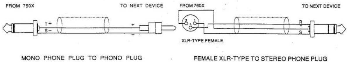 FROM 760X T+ S- TO NEXT DEVICE FROM 760X TO NEXT DEVICE XLR-TYPE FEMALE MONO PHONE PLUG TO PHONO PLUG FEMALE XLR-TYPE TO STEREO PHONE PLUG