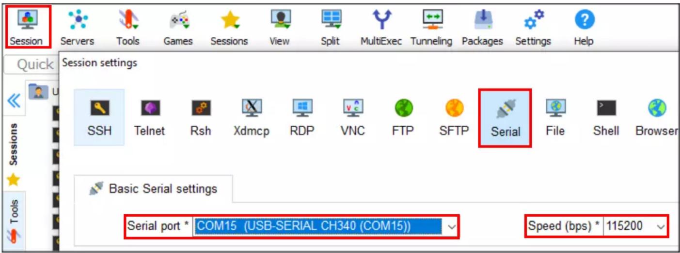 Session Servers Tools Games Sessions View Split MultiExec Tunneling Packages Settings Help Quick Session settings SSH Telnet Rsh Xdmcp RDP VNC FTP SFTP Serial File Shell Browser Basic Serial settings Serial port * COM15 (USB-SERIAL CH340 (COM15)) Speed (bps) * 115200 Tools