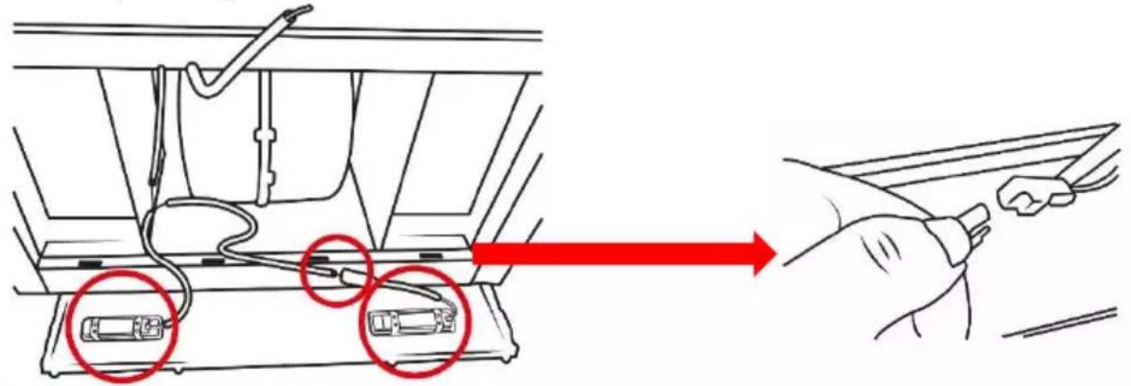 Diagram showing cable connection between a device with two connectors, one highlighted in red and the other in black.
