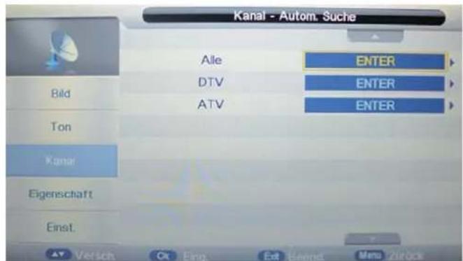 Kanal - Autom. Suche Alle DTV ATV ENTER ENTER ENTER Kanal Eigenschaft Einst. Verich Okt Einz Est Havnet Mens Airlock