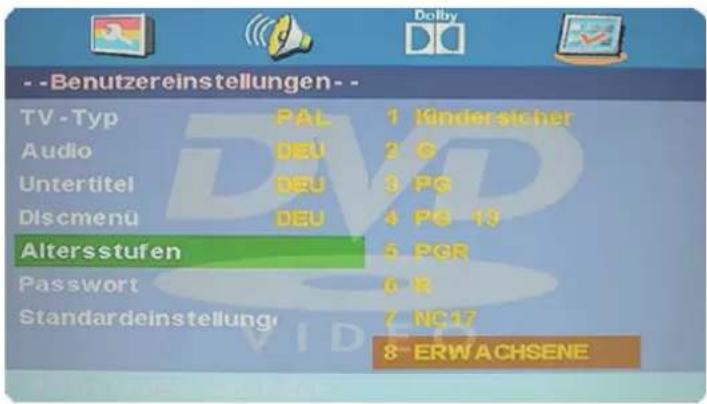 - -Benutzereinstellungen- - TV -Typ PAL 1 Kindersicher Audio DEU 2 G Untertitel DEU 3 PG Discmenü DEU 4 PG 13 Altersstufen 5 PGR Passwort 6 R Standardeinstellung 7 NC17 8" ERWACHSENE