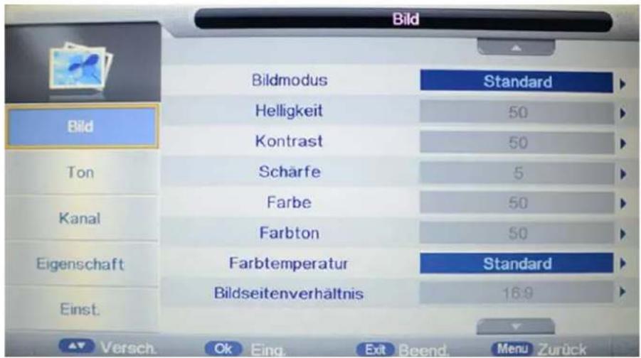 Bild Bildmodus Standard Helligkeit 50 Kontrast 50 Scharfe 5 Farbe 50 Farbton 50 Farbtemperatur Standard Einst. Bildseitenverhältnis 16.9