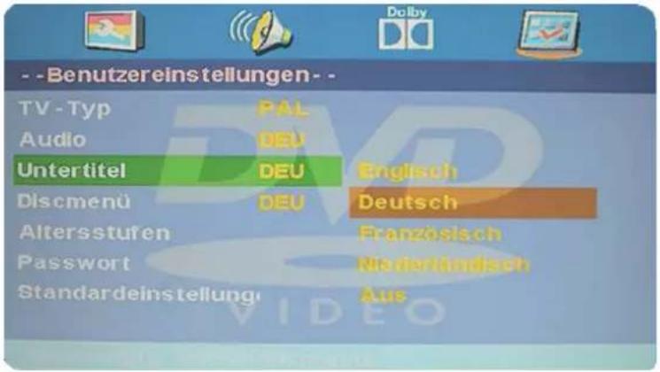 - -Benutzereinstellungen- - TV - Typ PAL Audio DEU Untertitel DEU Englisch Discmenü DEU Deutsch Altersstufen Französisch Passwort Medizinisch Standardeinstellung Aus