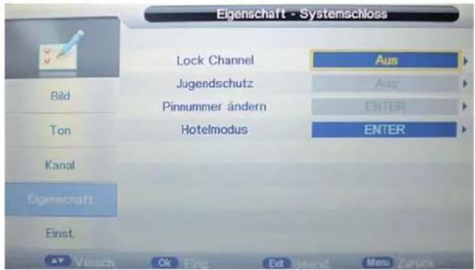 Eigenschaft - Systemschloss Lock Channel Bild Ton Kanal Eigenschaft Einst. Aus Aus ENTER ENTER Versch Ok Ein Ext Bereid Menu Zurück