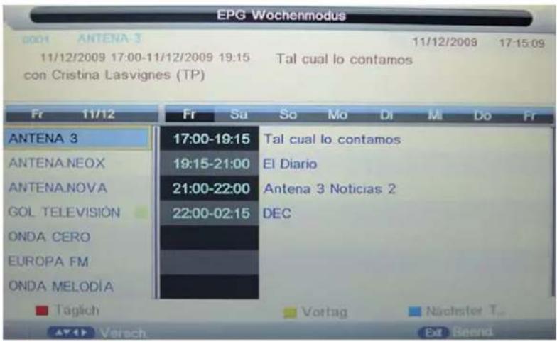 EPG Wochenmodus 0001 ANTENA 3 11/12/2009 17:00-11/12/2009 19:15 Tal cual lo contamos con Cristina Lasvignes (TP) Fr 11/12 Fr Sa So Mo Di Mi Do Fr ANTENA 3 17:00-19:15 Tal cual lo contamos ANTENA NEOX 19:15-21:00 El Diario ANTENA NOVA 21:00-22:00 Antena 3 Noticias 2 GOL TELEVISION 22:00-02:15 DEC ONDA CERO EUROPA FM ONDA MELODÍA Taglich Vortag Nachstor T. Avich Ext Bend