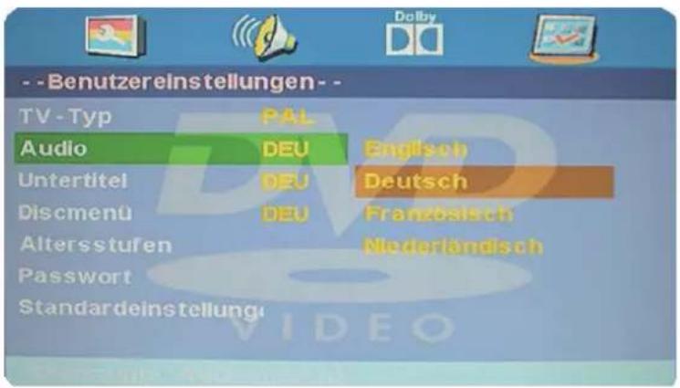 --Benutzereinstellungen-- TV - Typ PAL Audio DEU Englisch Untertitel DEU Deutsch Discmenü DEU Französisch Altersstufen Nederländisch Passwort Standardeinstellung
