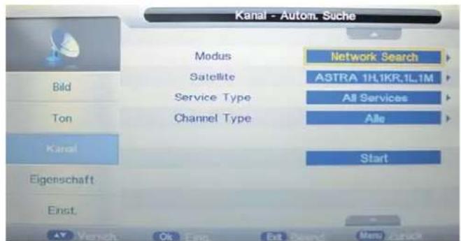 Kanal - Autom. Suche Modus Network Search Satellite ASTRA 1H,1KR,1L,1M Service Type All Services Channel Type Alle Kanal Start Eigenschaft Enst. Vench Okt End Exit Send Menu Chuck