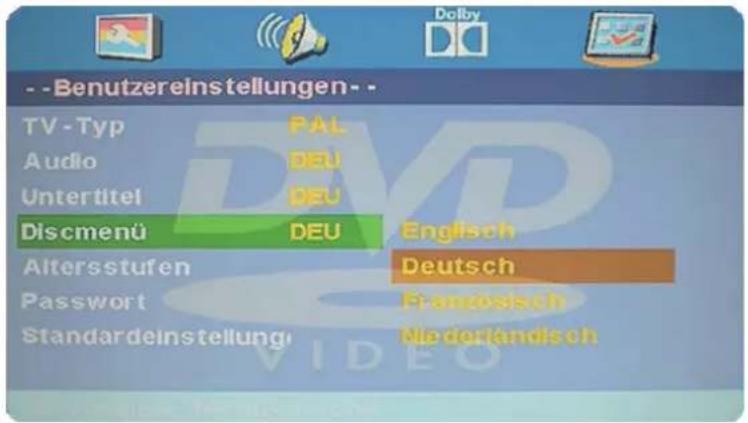 --Benutzereinstellungen- -- TV -Typ PAL Audio DEU Untertitel DEU Discmenü DEU Altersstufen Englisch Passwort Deutsch Standardeinstellung François Nederlandisch