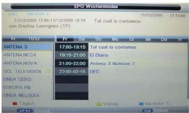 EPG Wochenmodus 11/12/2009 17:00-11/12/2009 19:15 Tal cual lo contamos con Cristina Lasvignes (TP) Fr 11/12 Fr Sa So Mo Di Mi Do Fr ANTENA 3 17:00-19:15 Tal cual lo contamos ANTENA.NEOX 19:15-21:00 El Diario ANTENA.NOVA 21:00-22:00 Antena 3 Noticias 2 GOL TELEVISION 22:00-02:15 DEC ONDA CERO EUROPA FM ONDA MELODÍA Táglich Vortag Nachelar T. Ext Disens