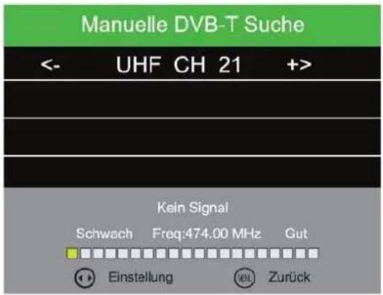 Manuelle DVB-T Suche <- UHF CH 21 +> Kein Signal Schwach Freq:474.00 MHz Gut Einstellung Zurück