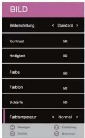BILD Bildeinstellung < Standard > Kontrast 50 Helligkeit 50 Farbe 50 Farblon 50 Schärfe 50 Farbtemperatur < Normal > Bewogen Einstellung Zurück Bearden