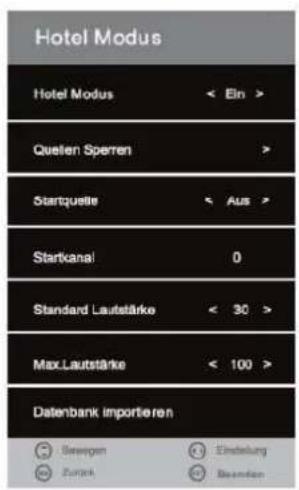 Hotel Modus Hotel Modus < Ein > Quellen Sperren > Startqueile < Aus > Startkanal 0 Standard Lautstärke < 30 > Max.Lautstärke < 100 > Datenbank importieren Bewegen Eindelung Zurück Beenden