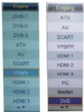 Eingang DVB-T DVB-C DVB-S ATV AV SCART YPbPR HDMI 1 HDMI 2 HDMI 3 PC Medien DVD