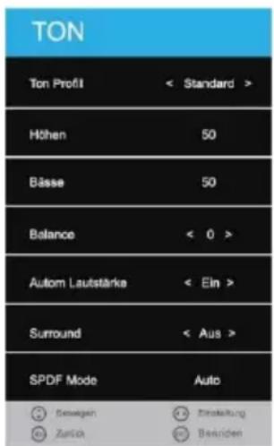 TON Ton Profil < Standard > Höhen 50 Bässe 50 Balance < 0 > Autom Lautstärke < Ein > Surround < Aus > SPDF Mode Auto Bewegen Entwicklung Zurich Besüden