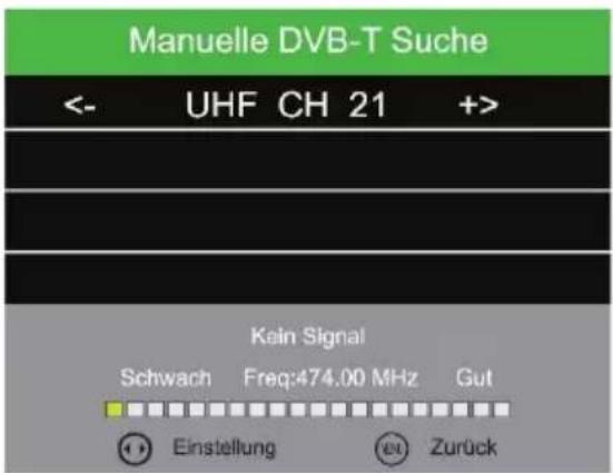 Manuelle DVB-T Suche <- UHF CH 21 +> Kein Signal Schwach Freq:474.00 MHz Gut Einstellung Zurück