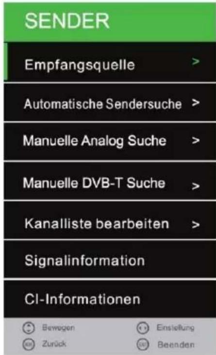 SENDER Empfangsquelle > Automatische Sendersuche > Manuelle Analog Suche > Manuelle DVB-T Suche > Kanalliste bearbeiten > Signalinformation CI-Informationen Bewegen Zurück Einstellung Beenden