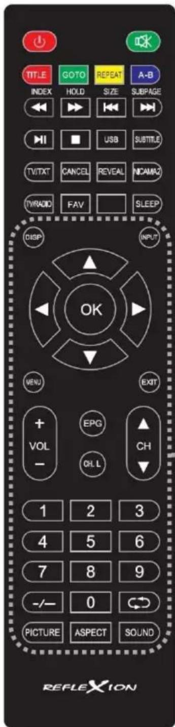TITLE GOTO REPEAT A-B INDEX HOLD SIZE SUBPAGE HI USB SUBTITLE TV/TXT CANCEL REVEAL NICAMAZ TV/RADIO FAV SLEEP DISP INPUT OK MENU EXIT + EPG CH VOL - QL L 1 2 3 4 5 6 7 8 9 -/- 0 PICTURE ASPECT SOUND REFLEXION