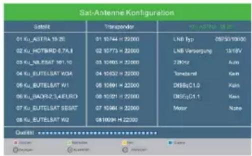 Sat-Antenne Konfiguration Gesamt Transponder Ku_ASTRA 18.20 01 Ku_ASTRA 19.20 02 Ku_HOTBRD-6.7A.8 03 Ku_NRLESAT 101.10 04 Ku_BUTELSAT WDA 05 Ku_EUTELSAT W1 06 Ku_BADR2-3.4EURO 07 Ku_EUTELSAT SESAT 08 Ku_EUTELSAT W2 LNB Typ 05/50/10000 LNB Versorgung 13/18V 28Hz Auto Tonsbund Kan DNSEqC1.0 Kan DNSEqC1.1 Kan Motor Note Overall ■ Design ■ Revisions ■ Bar ■ Survey ■ Designation ■ Revisions