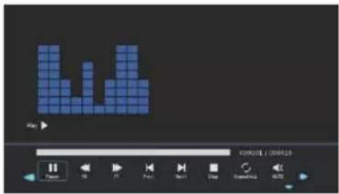 Screenshot of a media player interface showing a blue pixelated bar chart and playback controls