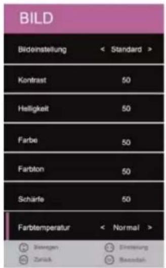 BILD Bideinstellung < Standard > Kontrast 50 Helligkeit 50 Farbe 50 Farblon 50 Schärle 50 Farbtemperatur < Normal > Össagen Östeuerung Zurück Öberateln