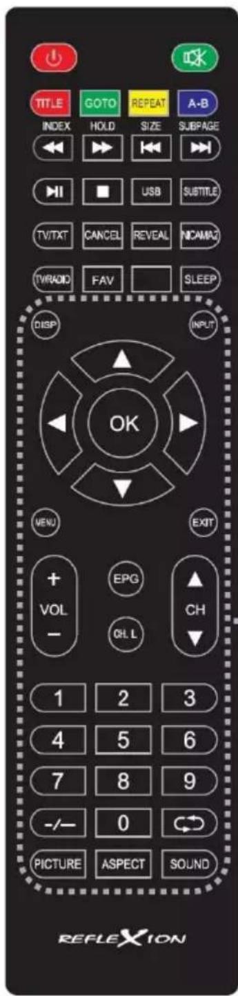TITLE GOTO REPEAT A-B INDEX HOLD SIZE SUBPAGE HI USB SUBTITLE TV/TXT CANCEL REVEAL NICAMAZ TV/RADIO FAV SLEEP DISP INPUT OK VENU EXIT + EPG CH VOL - O.L 1 2 3 4 5 6 7 8 9 -/- 0 PICTURE ASPECT SOUND REFLEXION