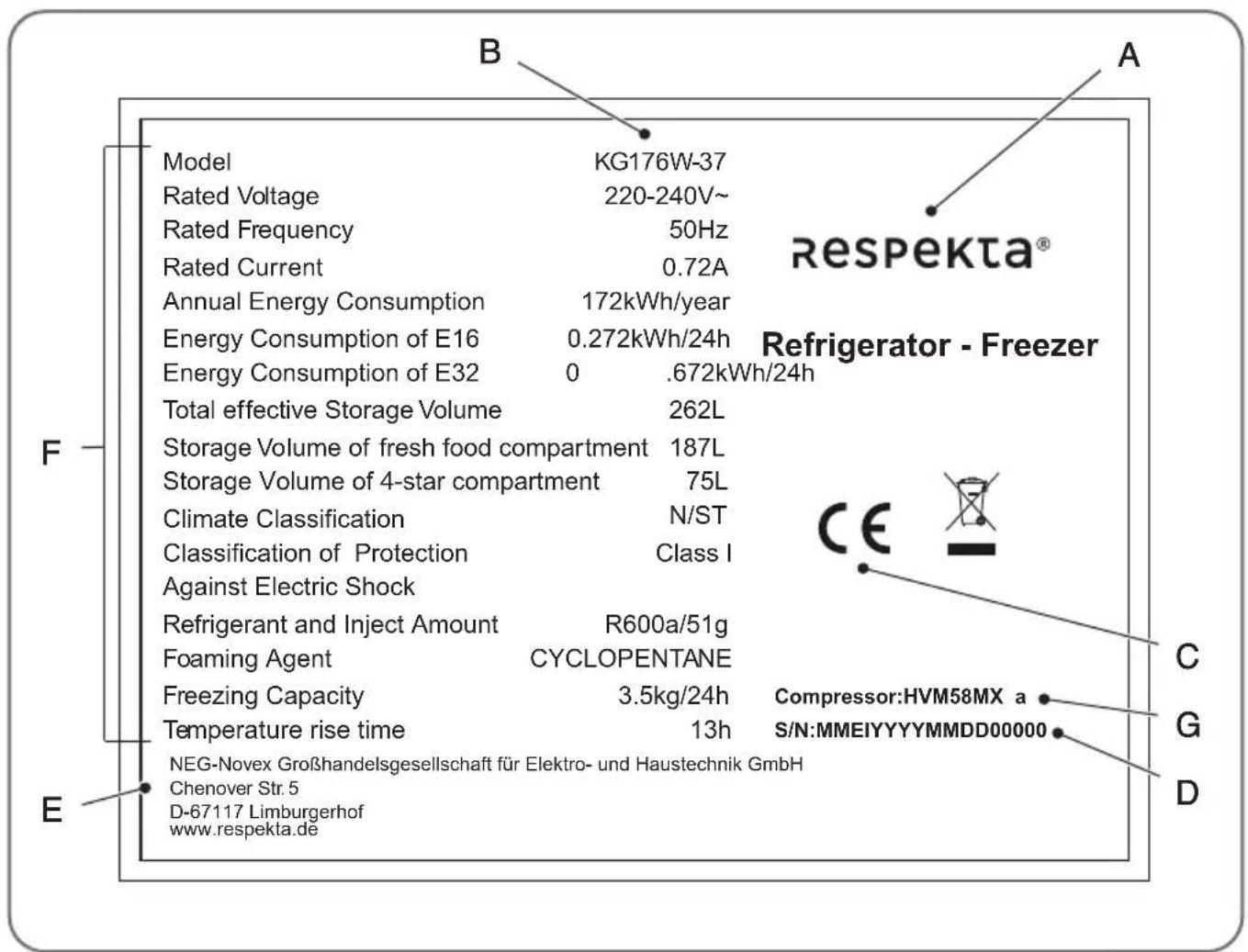 B A Respekta® Refrigerator - Freezer Model KG176W-37 Rated Voltage 220-240V~ Rated Frequency 50Hz Rated Current 0.72A Annual Energy Consumption 172kWh/year Energy Consumption of E16 0.272kWh/24h Energy Consumption of E32 0 .672kWh/24h Total effective Storage Volume 262L Storage Volume of fresh food compartment 187L Storage Volume of 4-star compartment 75L Climate Classification N/ST Classification of Protection Class I Against Electric Shock Refrigerant and Inject Amount R600a/51g Foaming Agent CYCLOPENTANE Freezing Capacity 3.5kg/24h Compressor:HVM58MX a Temperature rise time 13h S/N:MMEIYYYYMMDD00000 NEG-Novex Großhandelsgesellschaft für Elektro- und Haustechnik GmbH Chenover Str. 5 D-67117 Limburgerhof www.respekta.de F C G D E