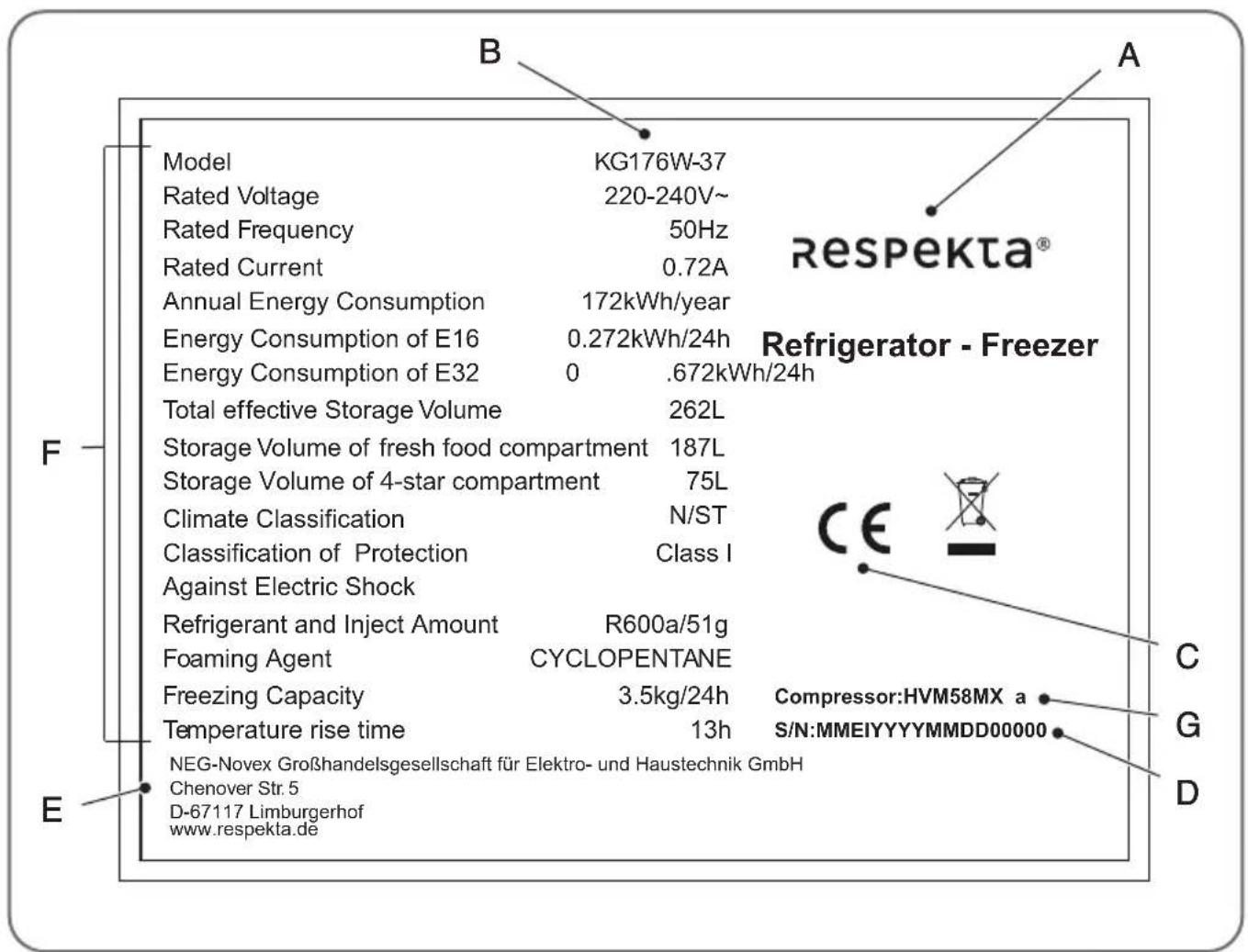 B A Respekta® Refrigerator - Freezer Model KG176W-37 Rated Voltage 220-240V~ Rated Frequency 50Hz Rated Current 0.72A Annual Energy Consumption 172kWh/year Energy Consumption of E16 0.272kWh/24h Energy Consumption of E32 0 .672kWh/24h Total effective Storage Volume 262L Storage Volume of fresh food compartment 187L Storage Volume of 4-star compartment 75L Climate Classification N/ST Classification of Protection Class I Against Electric Shock Refrigerant and Inject Amount R600a/51g Foaming Agent CYCLOPENTANE Freezing Capacity 3.5kg/24h Compressor:HVM58MX a Temperature rise time 13h S/N:MMEIYYYYMMDD00000 NEG-Novex Großhandelsgesellschaft für Elektro- und Haustechnik GmbH Chenover Str. 5 D-67117 Limburgerhof www.respekta.de F C G D E
