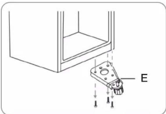 Technical diagram showing a mechanical component with labeled parts E and numbered arrows indicating assembly or assembly steps.