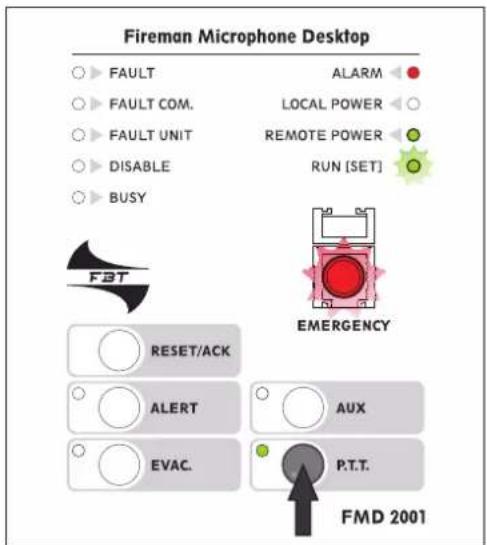 Fireman Microphone Desktop FAULT FAULT COM. FAULT UNIT DISABLE BUSY ALARM LOCAL POWER REMOTE POWER RUN [SET] FBT EMERGENCY RESET/ACK ALERT AVIC. P.T.T. FMD 2001
