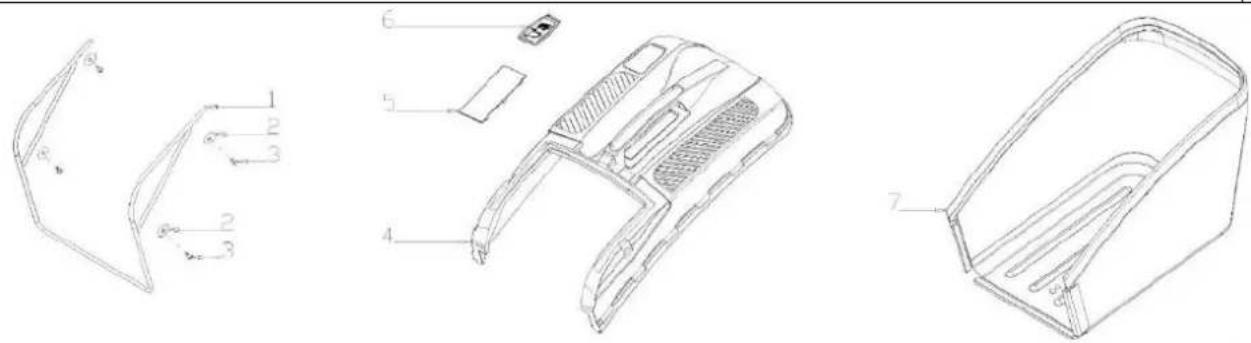 Technical line drawings of a device's internal components with numbered parts and directional arrows indicating assembly or assembly.