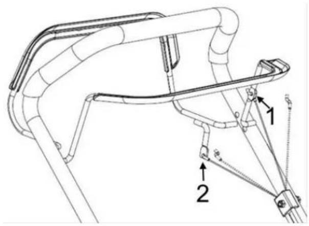 Technical diagram of a mechanical device with labeled parts 1 and 2, showing structural components and assembly lines.