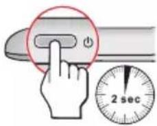 Diagram showing a hand pressing a button on a device with a 2-second scale indicator