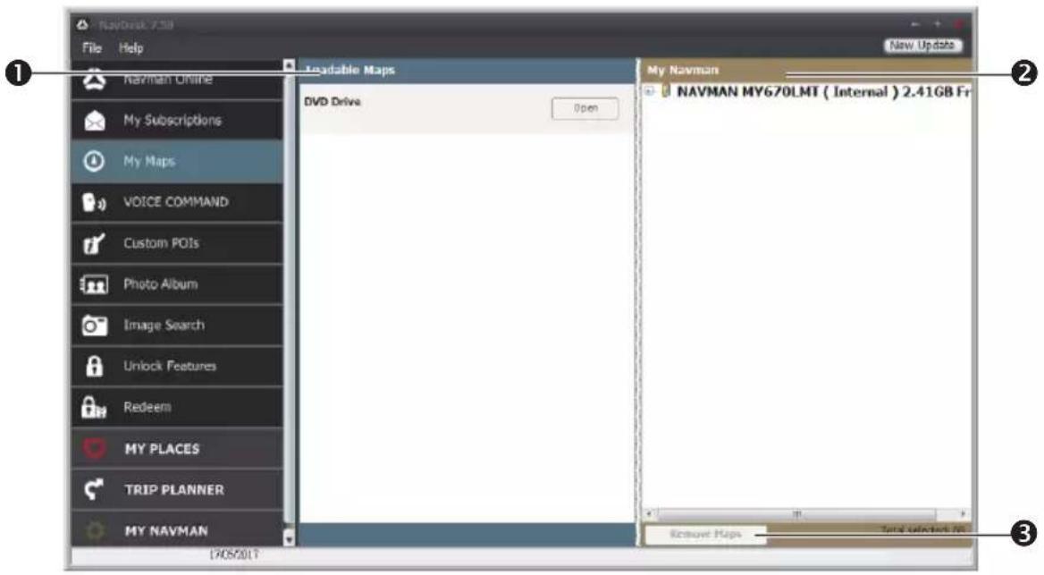 NavBook 7.31 File Help New Update 1 Navman Online My Subscriptions My Maps VOICE COMMAND Custom POIs Photo Album Image Search Unlock Features Redeem MY PLACES TRIP PLANNER MY NAVMAN 1705/017 Download Maps Open My Navman NAVMAN MY670LMT ( Internal ) 2.41GB Fr Remove Maps Total Selection No. ② ③