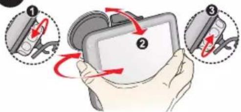 Diagram illustrating three-step device manipulation process with labeled parts and red arrows indicating rotation