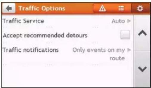 Traffic Options Traffic Service Auto ▶ Accept recommended detours Traffic notifications Only events on my route