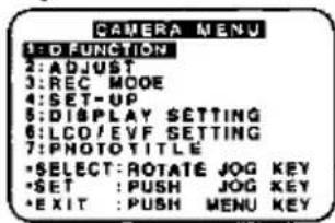 CAMERA MENU 1: D FUNCTION 2: ADJUST 3: REC MOOE 4: SET-UP 5: DISPLAY SETTING 6: LCO/EVF SETTING 7: PHOTITLE • SELECT: ROTATE JOG KEY • SET: PUSH JOG KEY • EXIT: PUSH MENU KEY