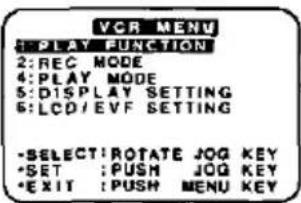 VCR MENU : PLAY FUNCTION 2: REG MODE 4: PLAY MODE 5: DISPLAY SETTING 6: LCD/EVF SETTING -SELECT:ROTATE JOQ KEY -SET :PUSH JOQ KEY -EXIT :PUSH MENU KEY