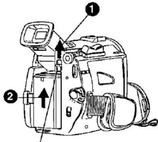 Technical diagram of a digital camera with numbered parts and directional arrows indicating assembly or movement.