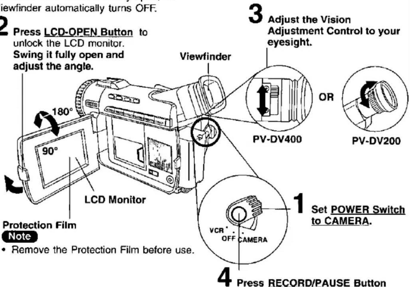 viewfinder automatically turns OFF. 2 Press LCD-OPEN Button to unlock the LCD monitor. Swing it fully open and adjust the angle. 3 Adjust the Vision Adjustment Control to your eyesight. Viewfinder 180° 90° LCD Monitor Protection Film Note • Remove the Protection Film before use. 4 Press RECORD/PAUSE Button 1 Set POWER Switch to CAMERA. OR PV-DV400 PV-DV200