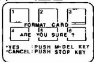 1 2 3 FORMAT CARD 4 ARE 5 YOU SURE 6 T •YES : PUSH M-DEL KEY -CANCEL: PUSH STOP KEY
