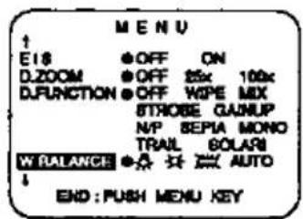 MENU ↑ EIS ●OFF ON D.ZOOM ●OFF 25x 100x D.FUNCTION ●OFF WIPE MIX STROBE GAINUP N/P SEPIA MONO TRAIL SOLAR WY BALANCE ●★ ★★ AUTO ↓ END: PUSH MENU KEY